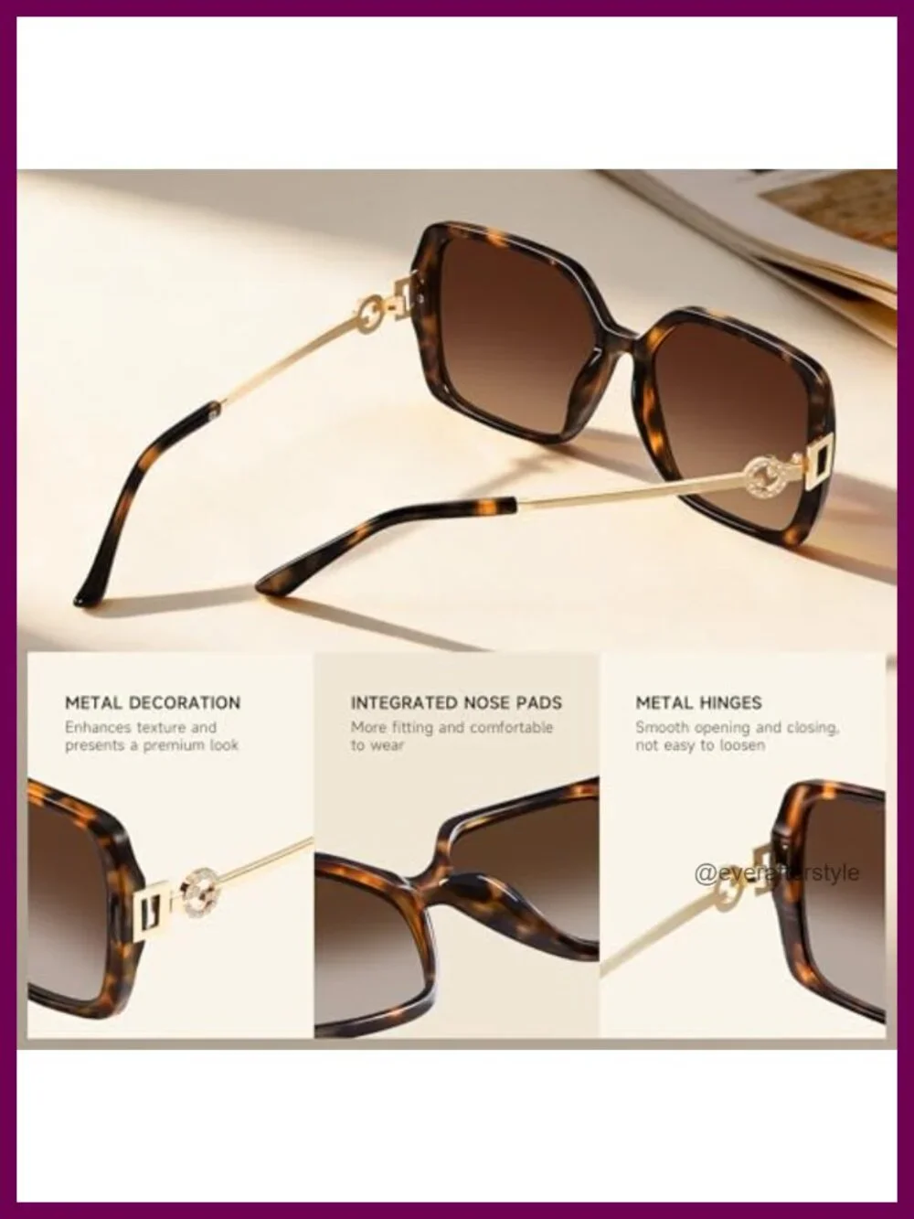 Oversized Retro Square Sunglasses Women UV Protection Metal Temple